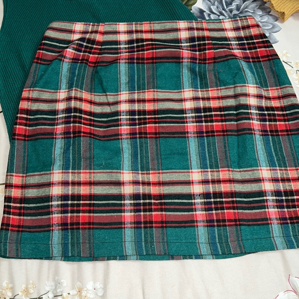 Green, red and beige plaid, high waisted, mini skirt